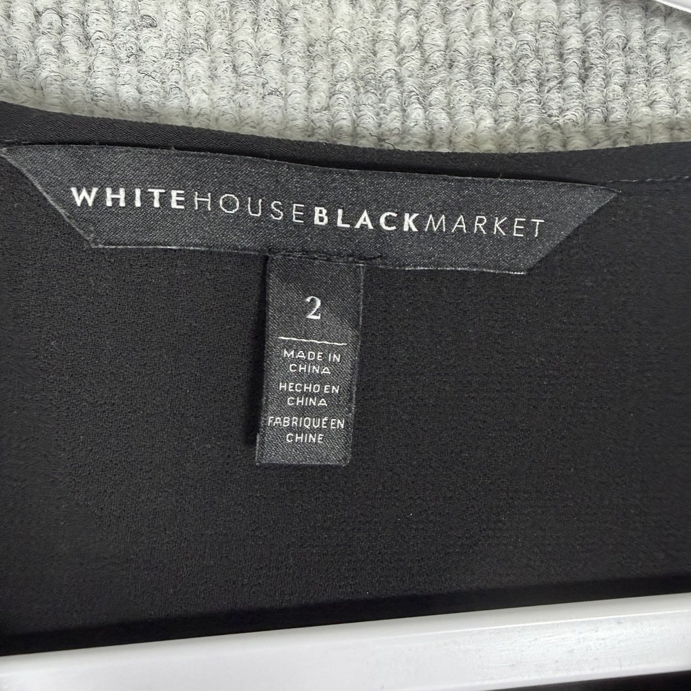 White House Black Market Size-2 Womens Blouse Bell Sleeve Black Tassel Pintuck - Picture 3 of 10